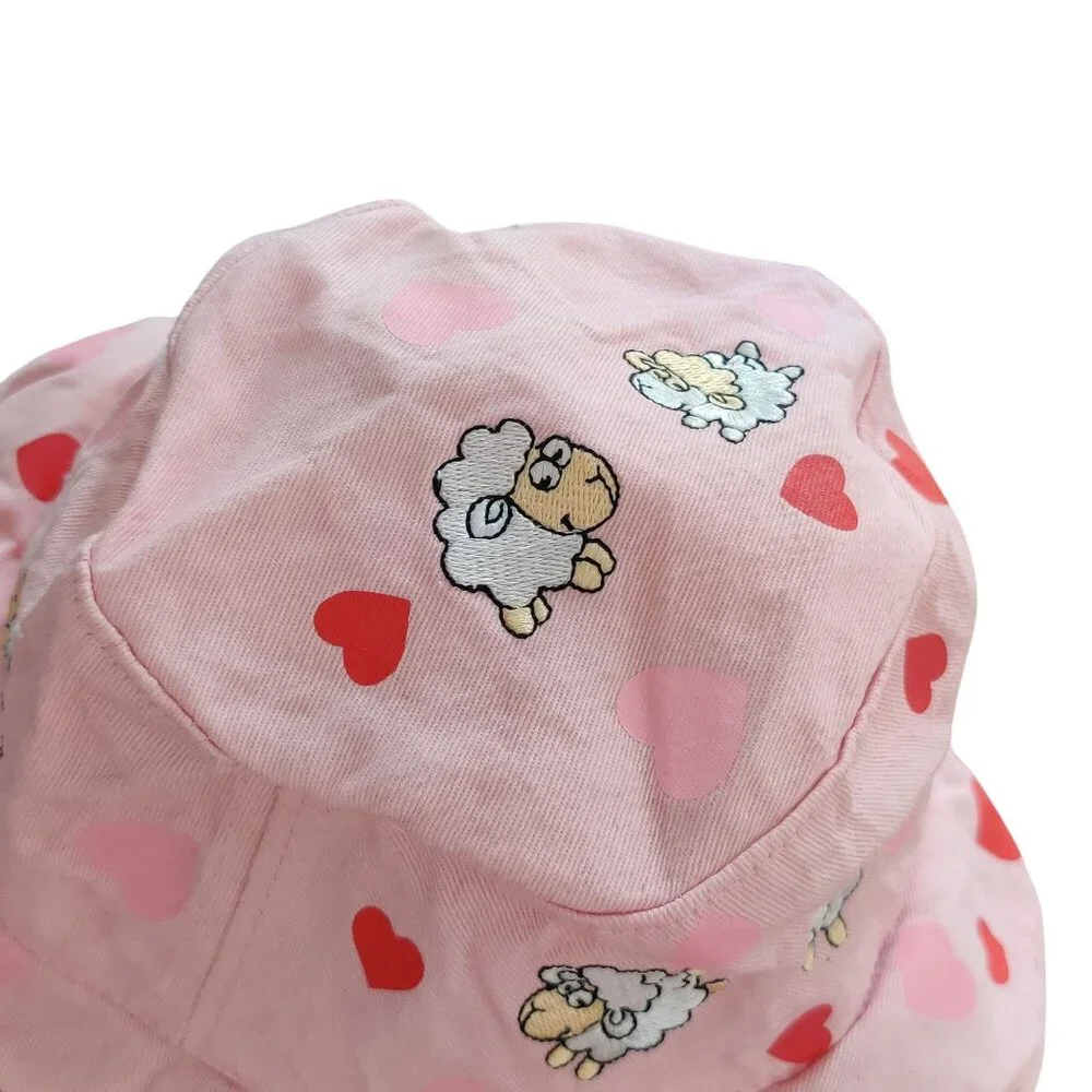 Girls Pink Sheep Heart Print Bucket Hat New Zealand Souvenir Embroidered Kids